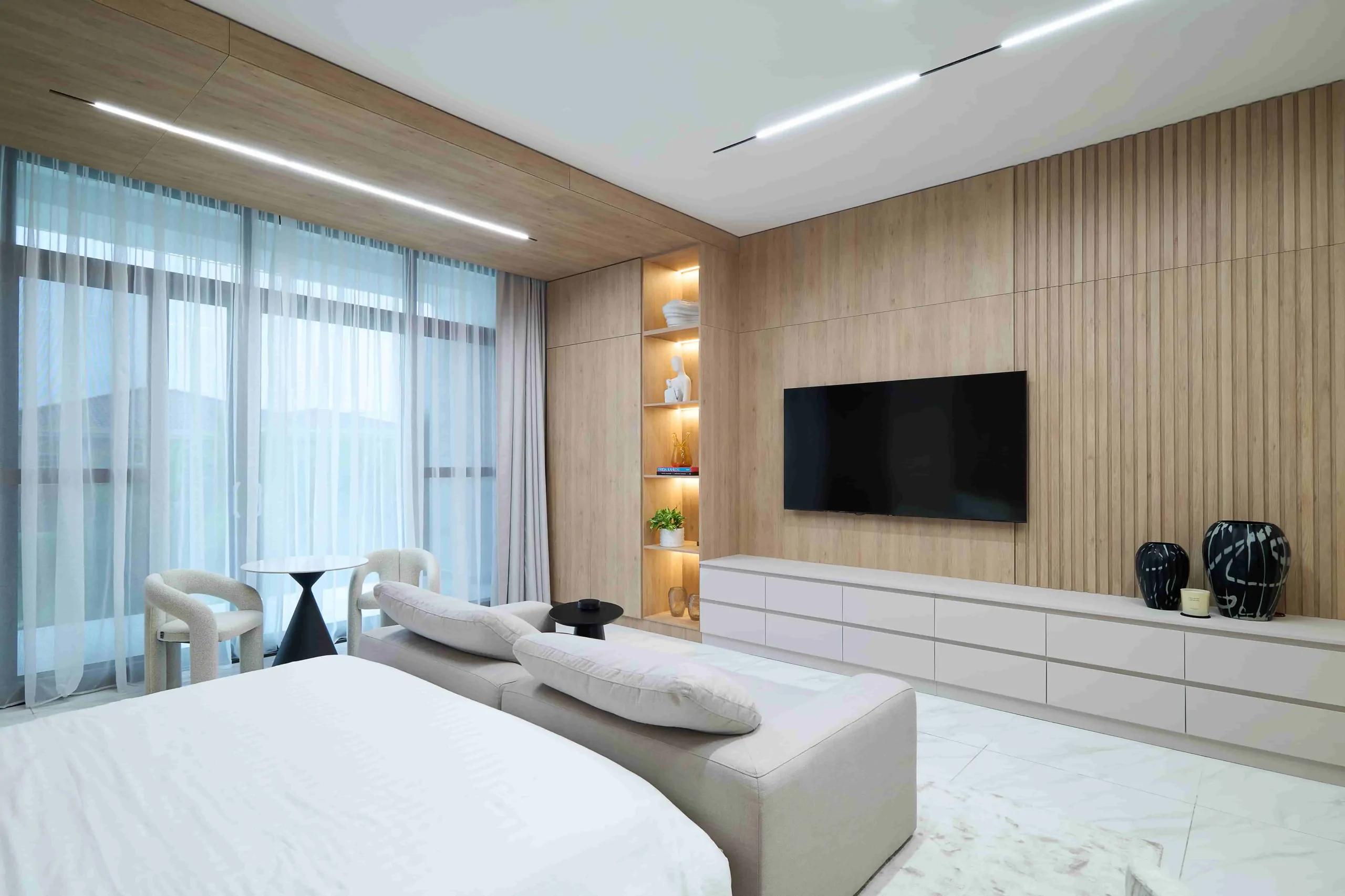 Wood-clad TV wall with lighting