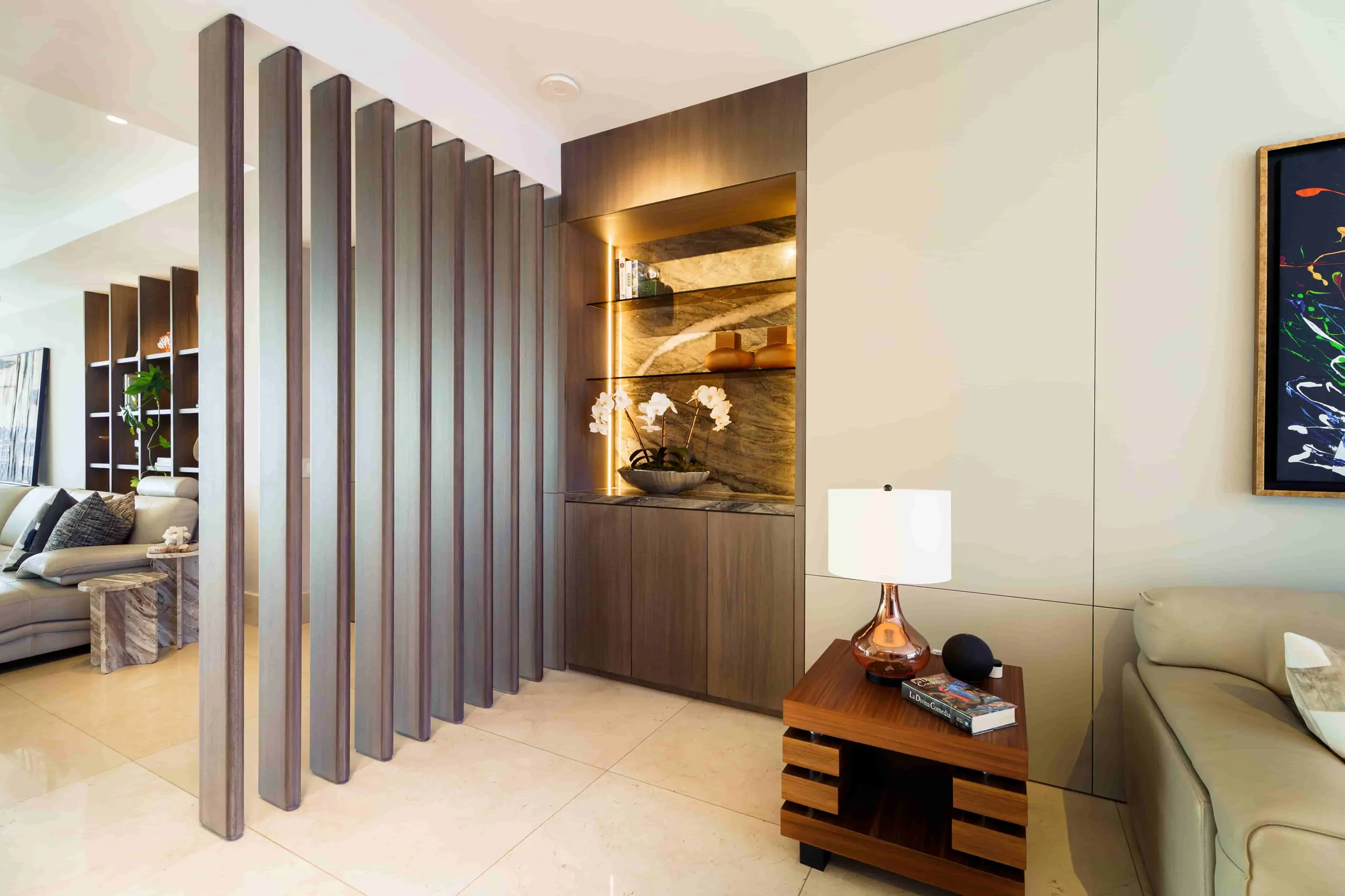 Wood lattice screen as a room divider